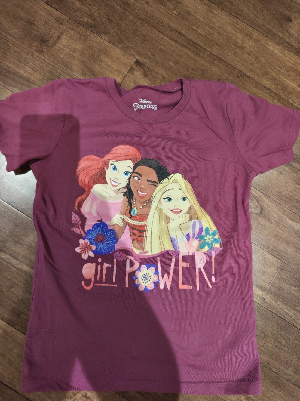 Disney Girls' Short Sleeve Tee - Maroon with Multi-Color Princess Graphic